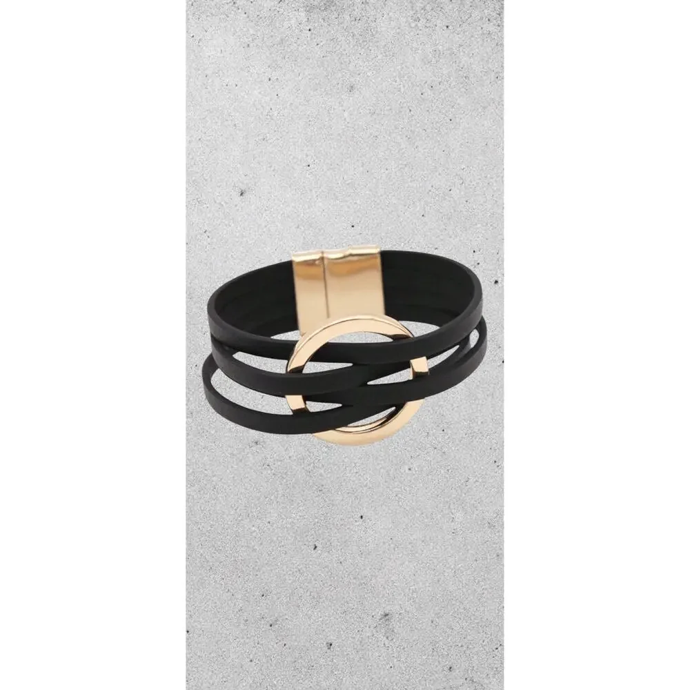Minimalist Black Gold Faux Leather stack Wrap Bracelet Gold Circle Cuff NWOT